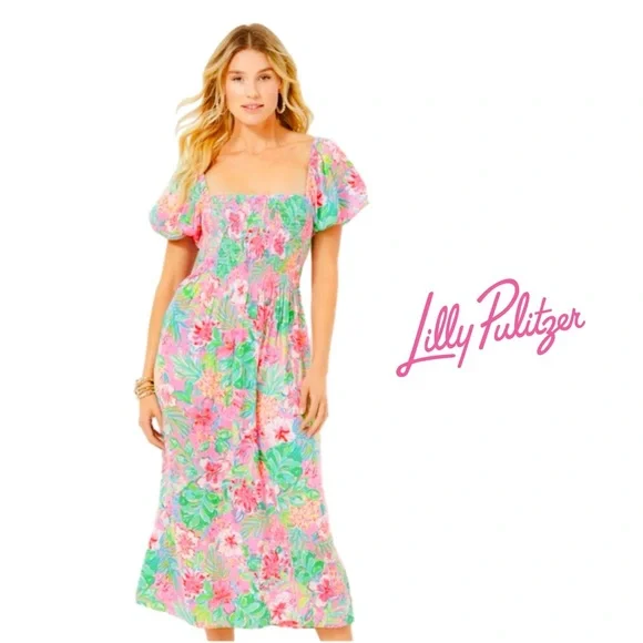 NEW Lilly Pulitzer Smocked Midi Dress Journey to the Jungle - Picture 1 of 12